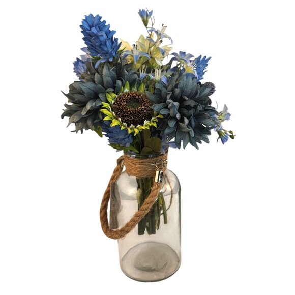 Artificial Blue Mums & White Sunflowers 16 Stem Faux Floral Bundle Arrangement B - Picture 2 of 16